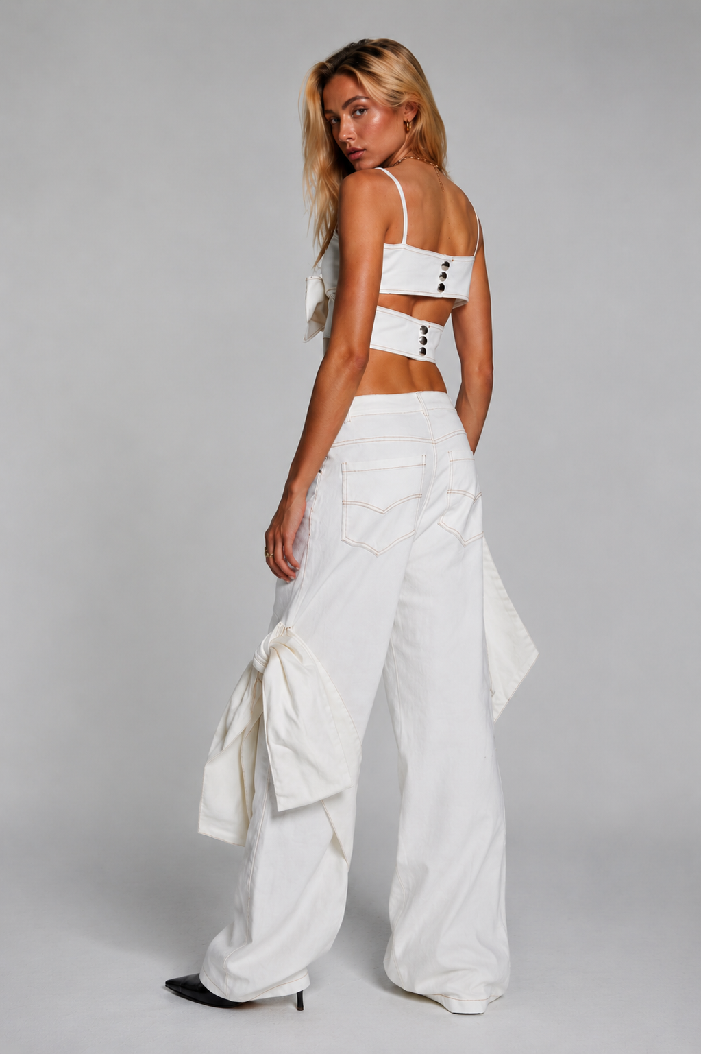 Sarra White wide-leg denim pants with draped details