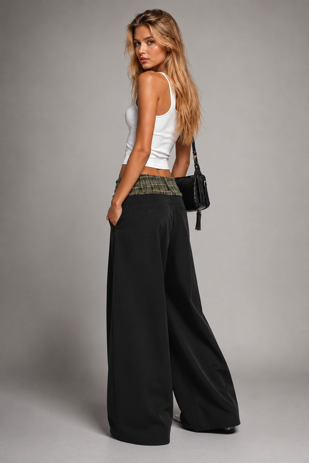 Olfa Grid Wide Leg Pants In Black