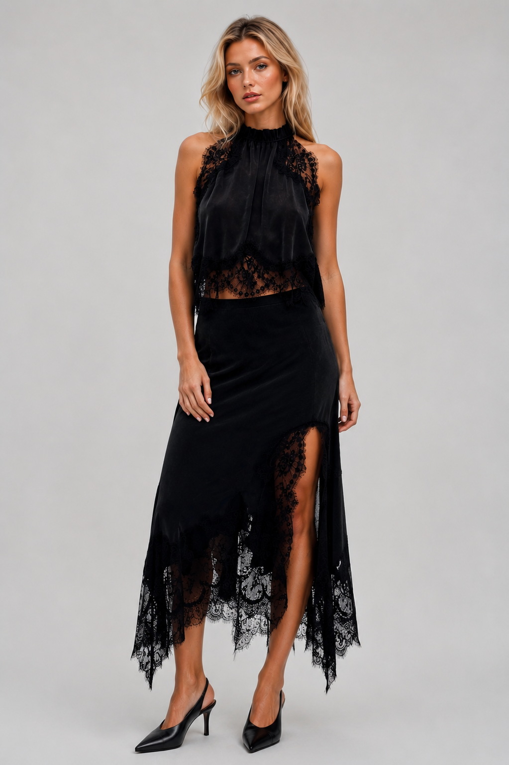 Fatima Sleeveless Lace Skirt Set In Black