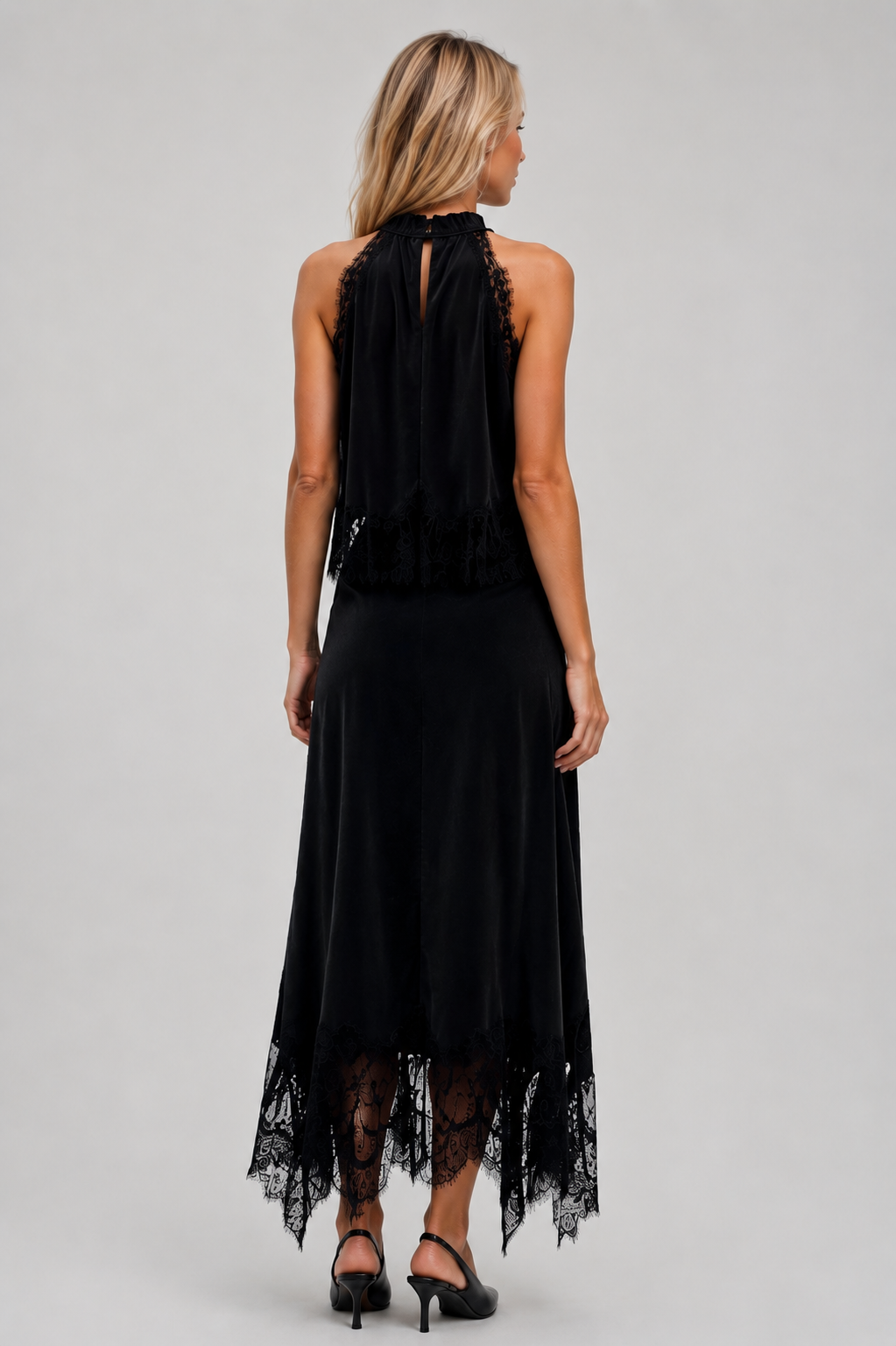 Fatima Sleeveless Lace Skirt Set In Black