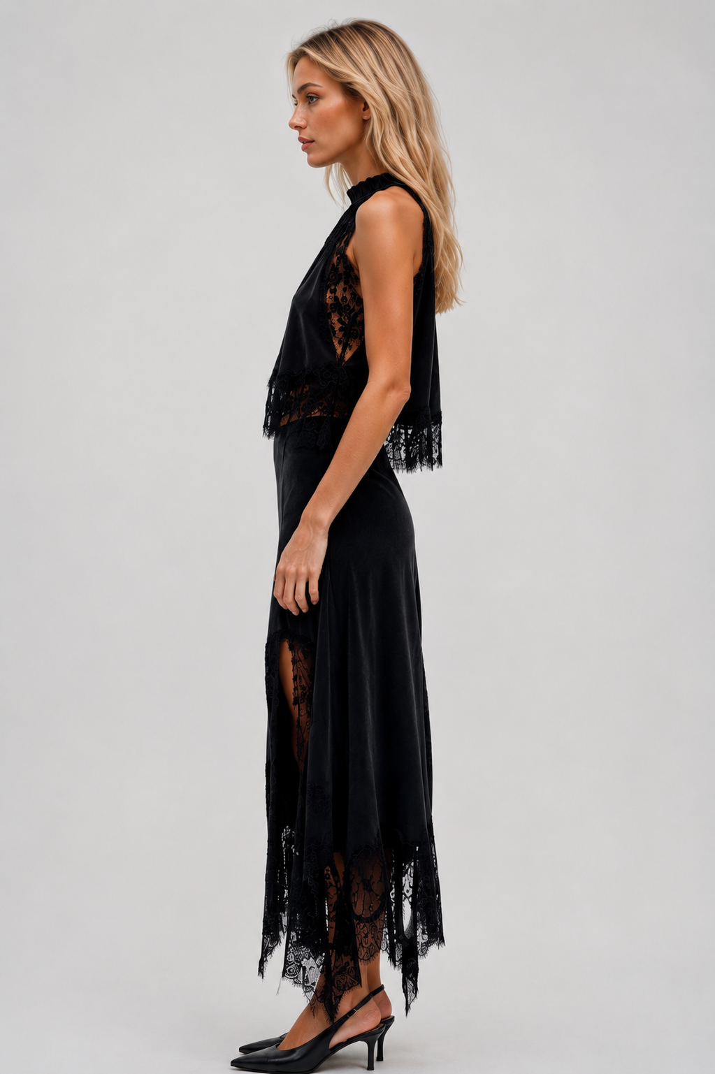 Fatima Sleeveless Lace Skirt Set In Black