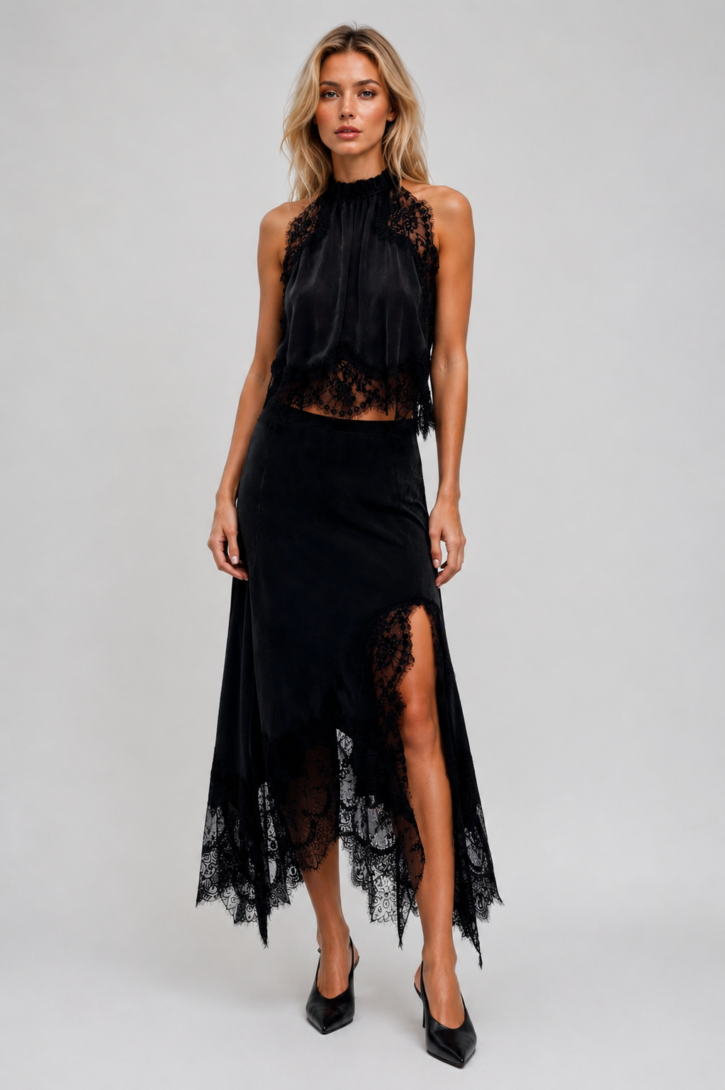 Fatima Sleeveless Lace Skirt Set In Black