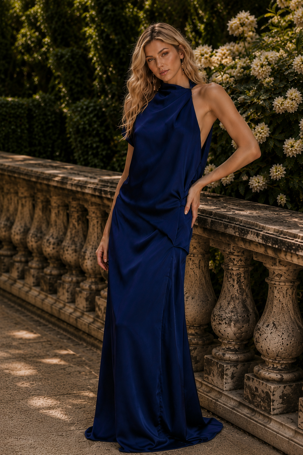 Elegant navy blue satin gown