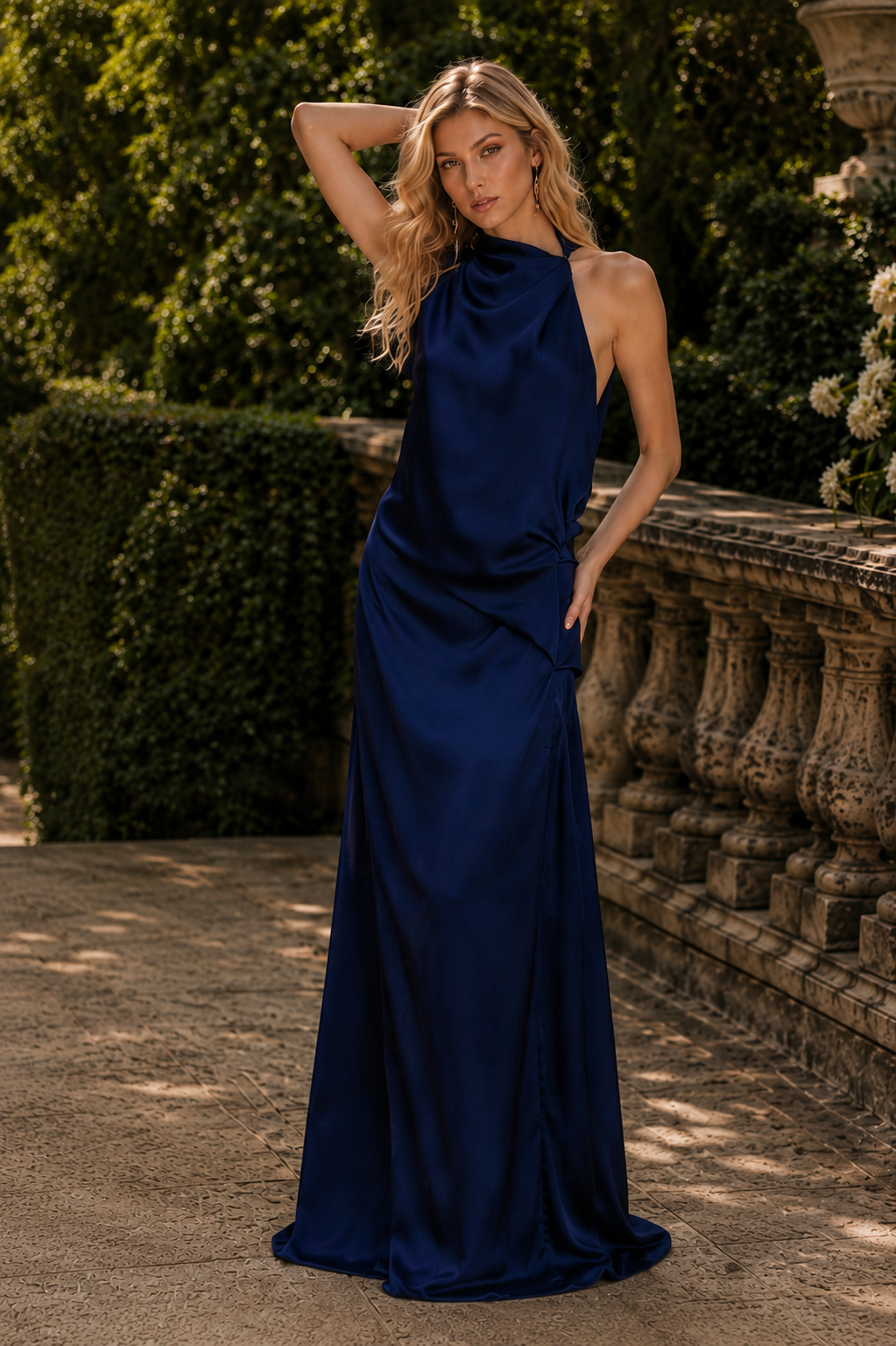Elegant navy blue satin gown