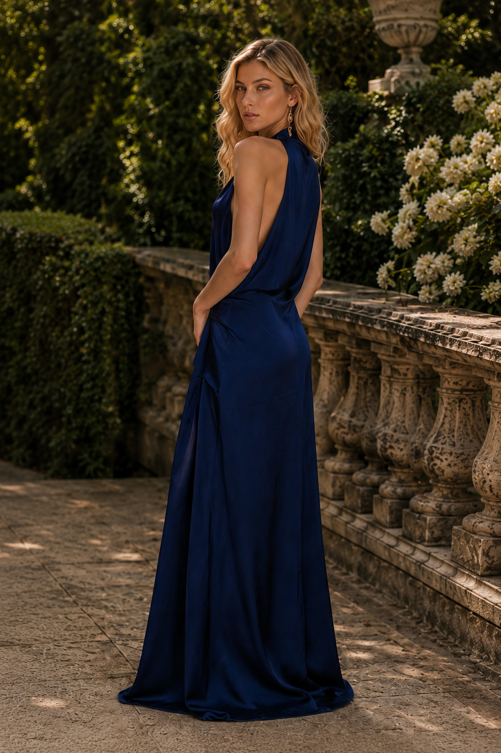 Elegant navy blue satin gown