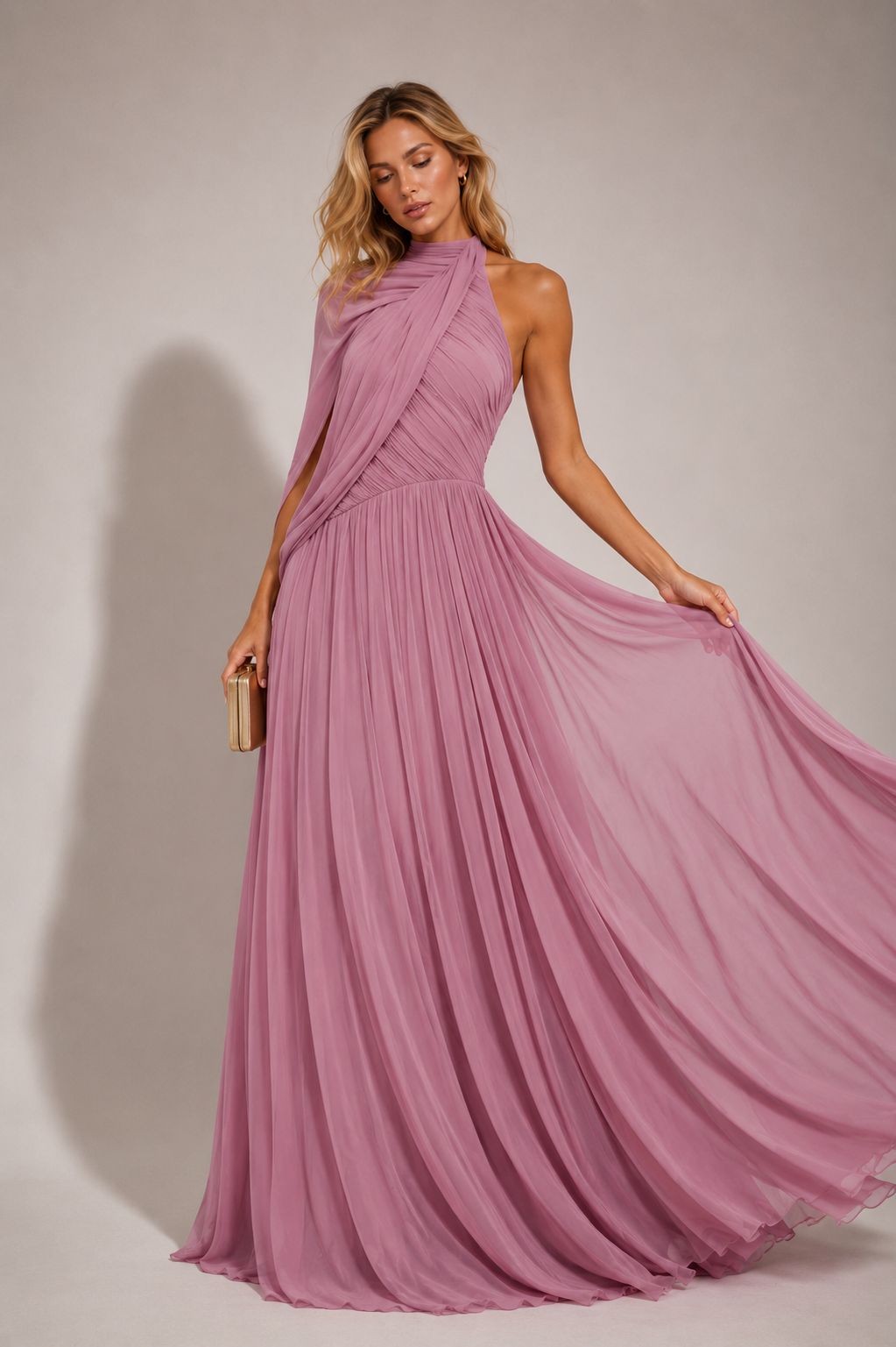 Hiba Draped Asymmetric Mesh Maxi Dress