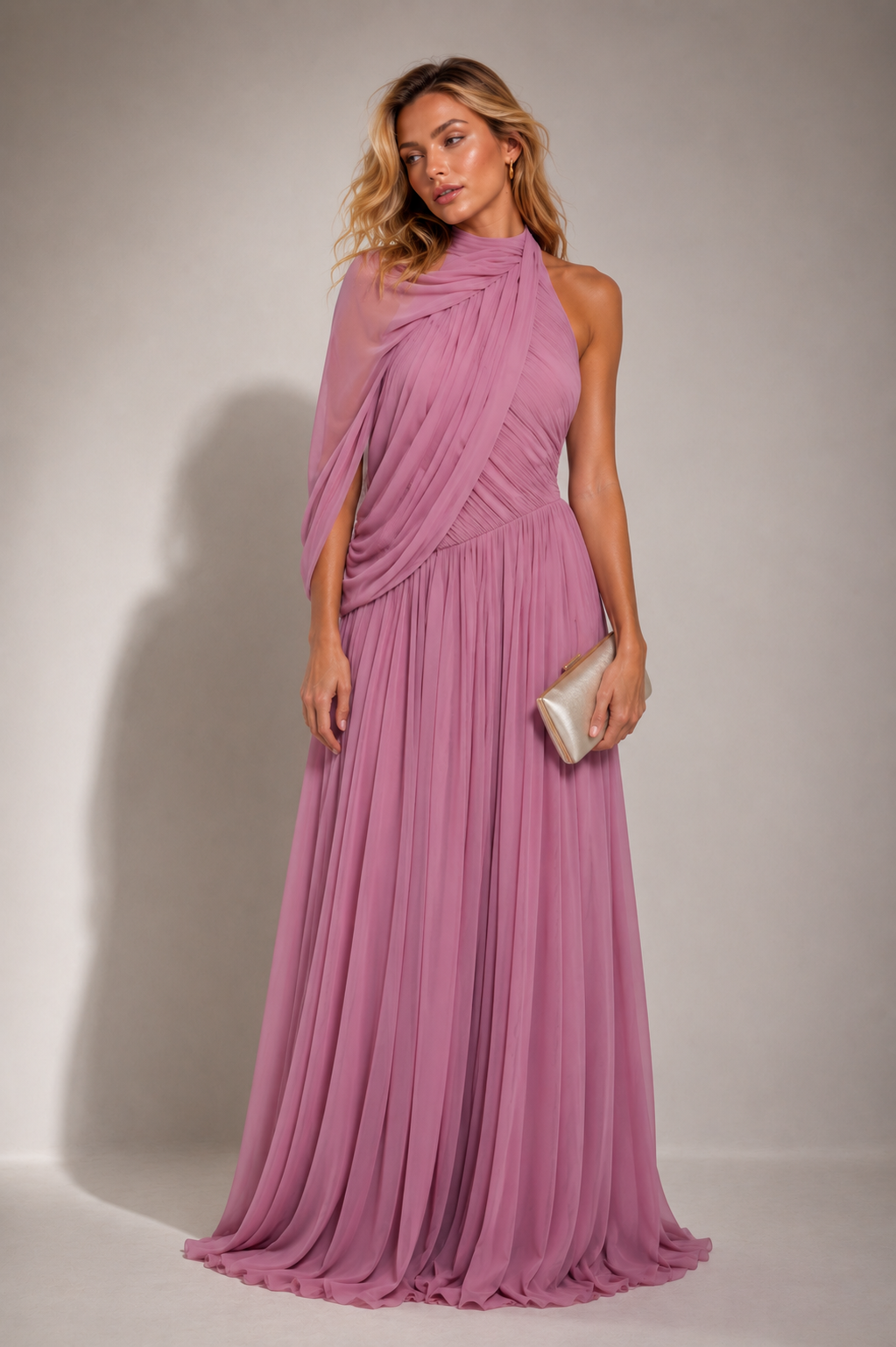 Hiba Draped Asymmetric Mesh Maxi Dress