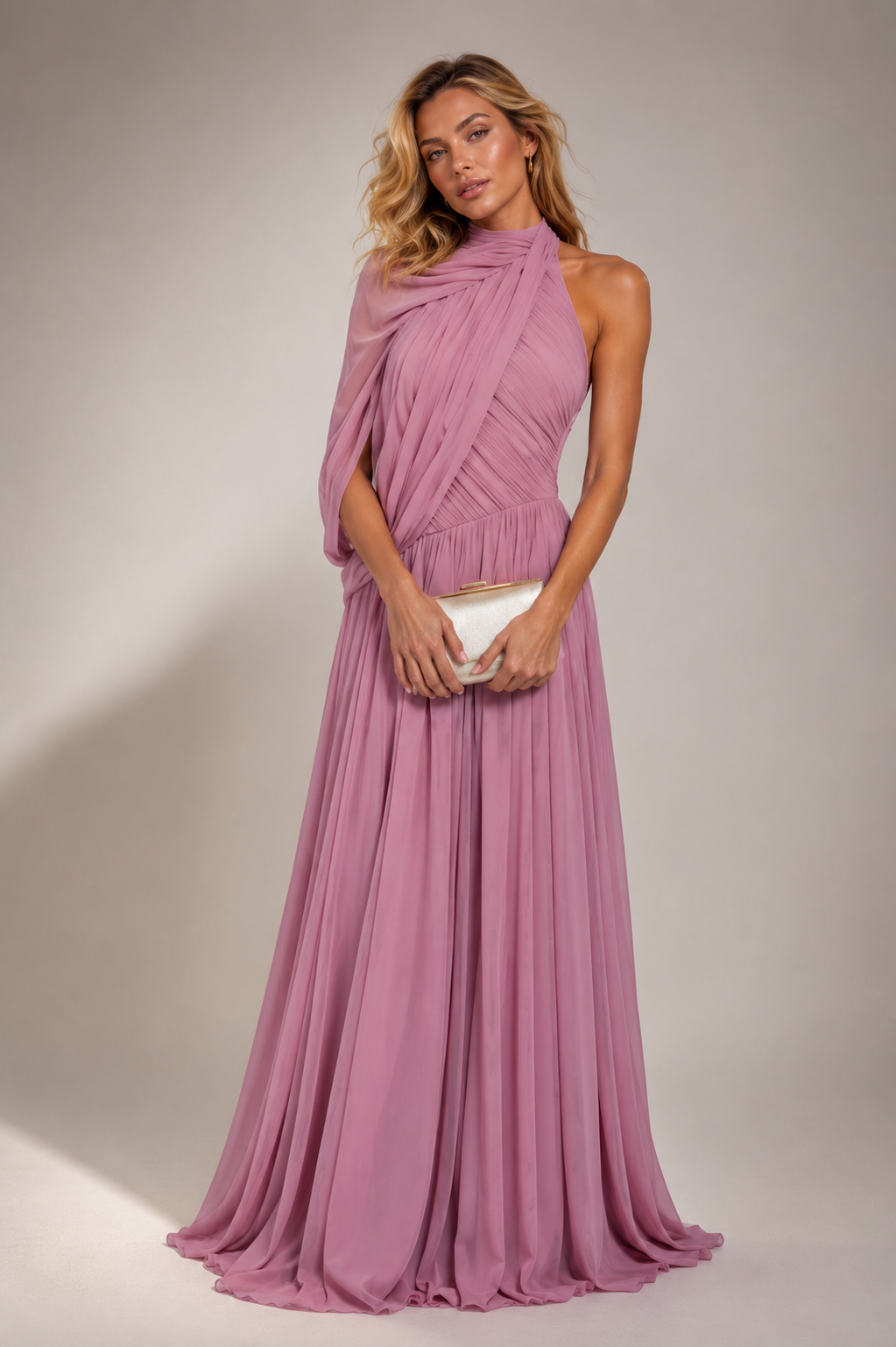 Hiba Draped Asymmetric Mesh Maxi Dress