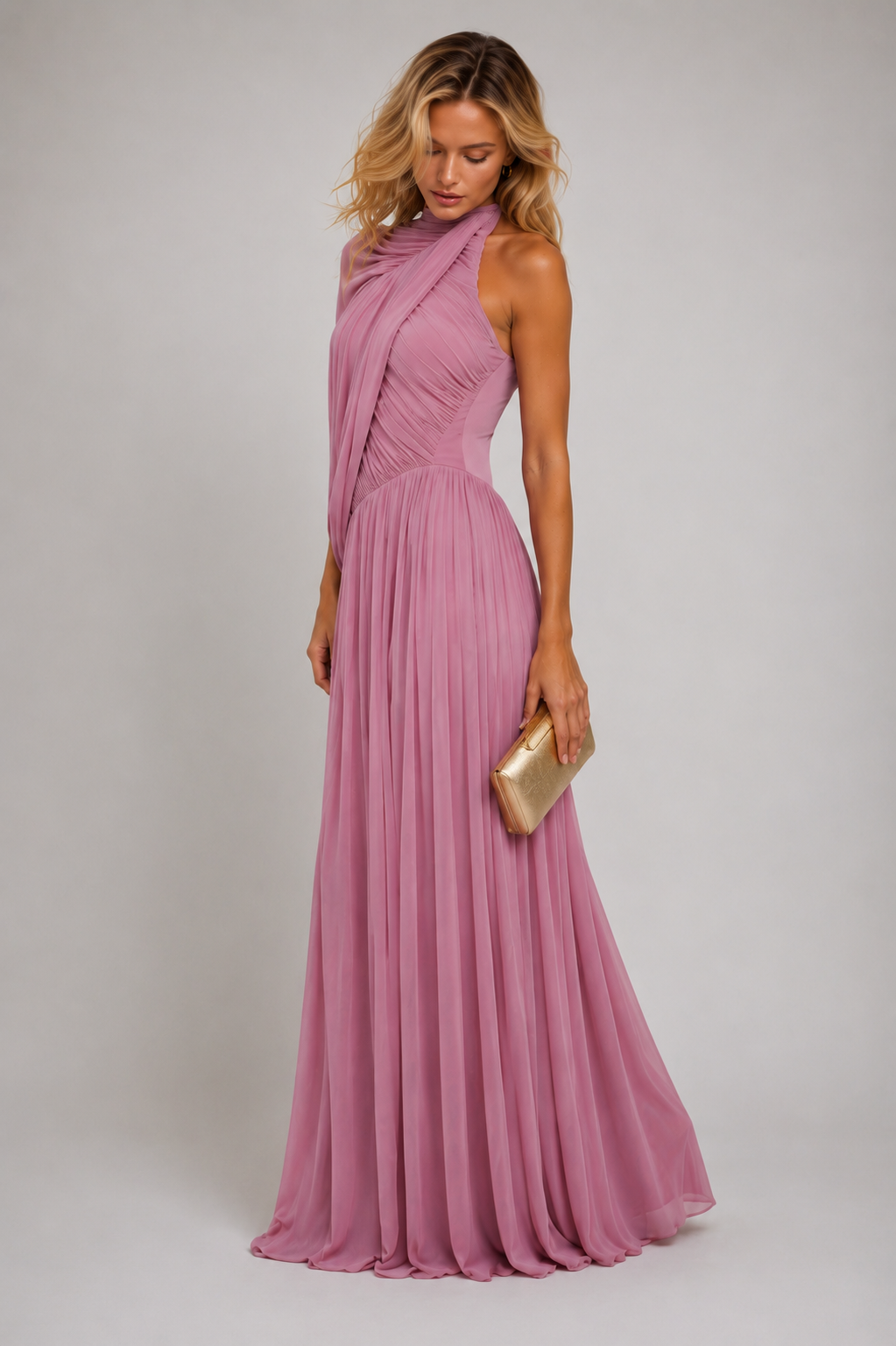 Hiba Draped Asymmetric Mesh Maxi Dress