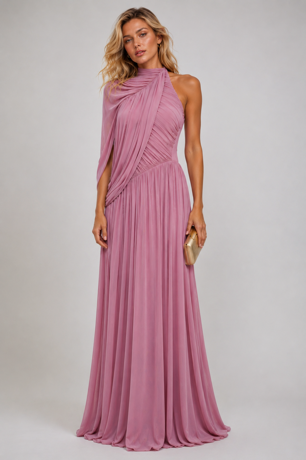 Hiba Draped Asymmetric Mesh Maxi Dress