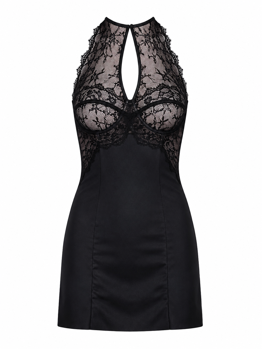 Olga Elegant black lace halter mini dress