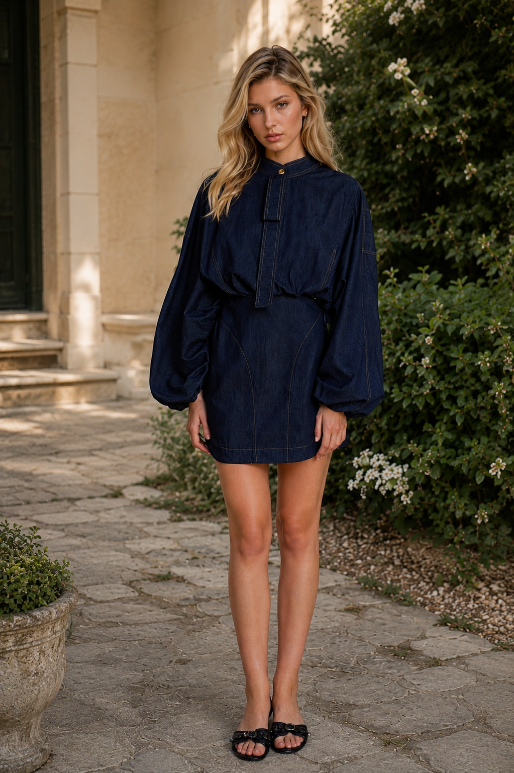 Mira Indigo denim mini dress flatlay