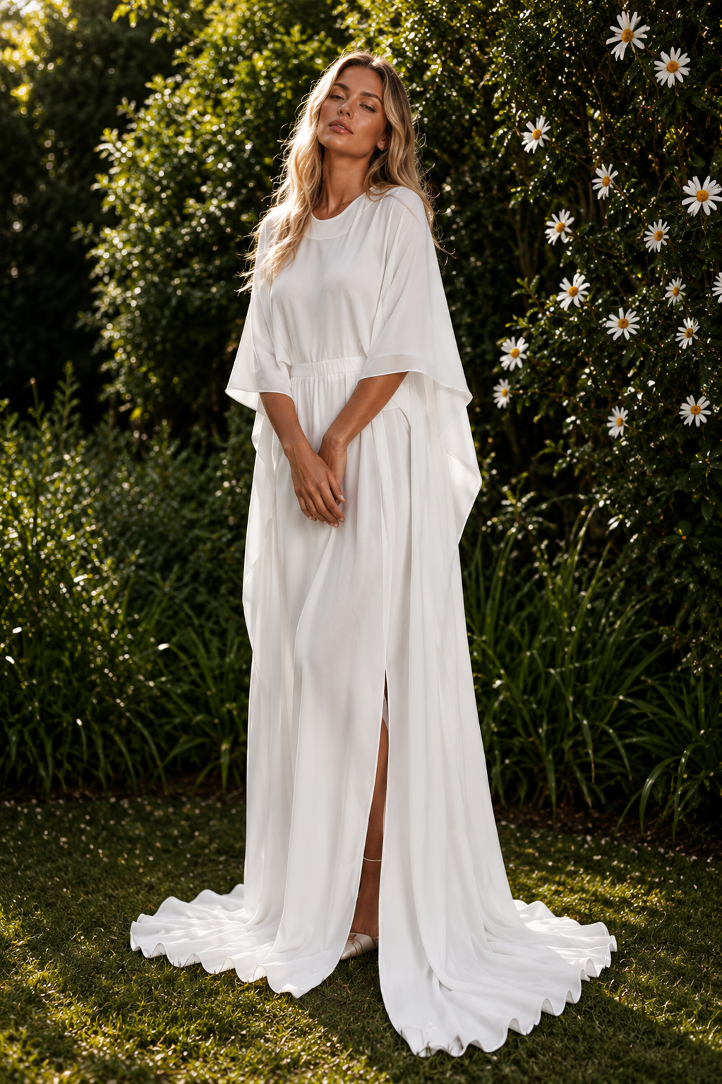 Olga Elegant white chiffon gown with cape sleeves