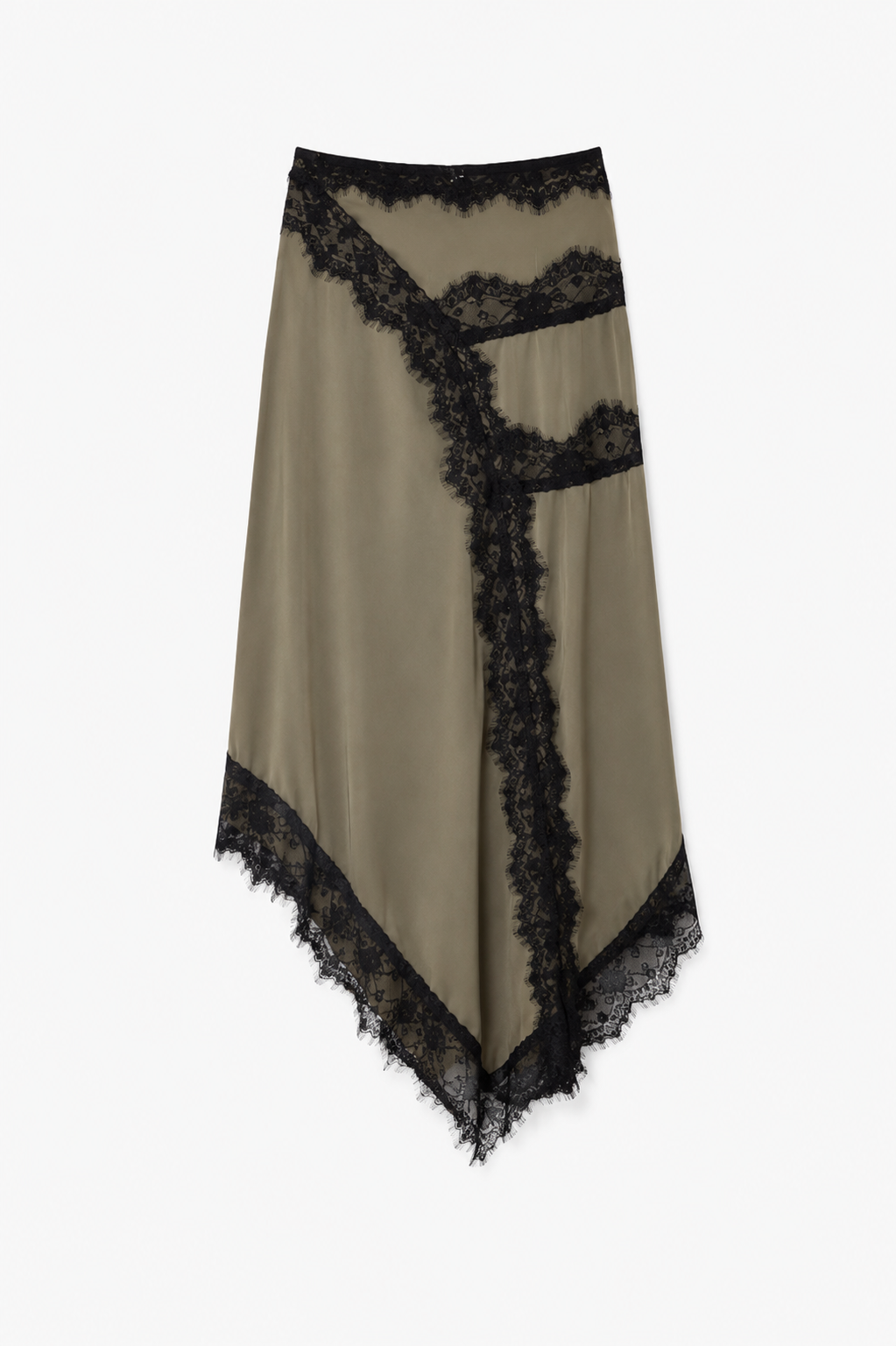 Faiza Asymmetric Olive satin skirt with black lace
