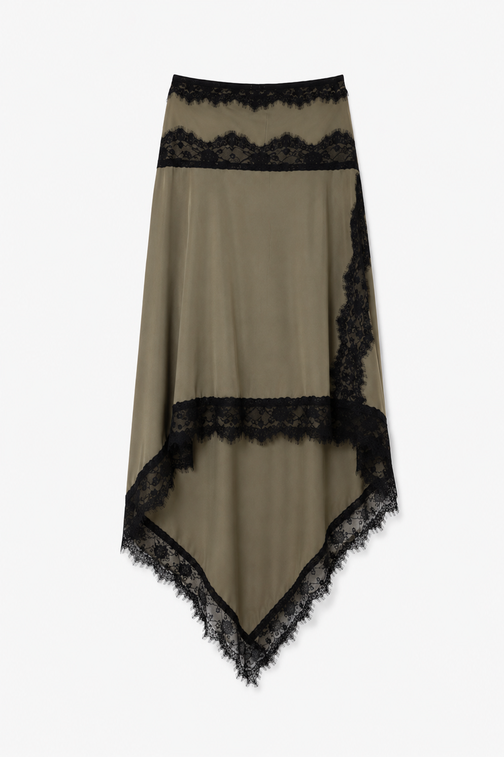 Faiza Asymmetric Olive satin skirt with black lace