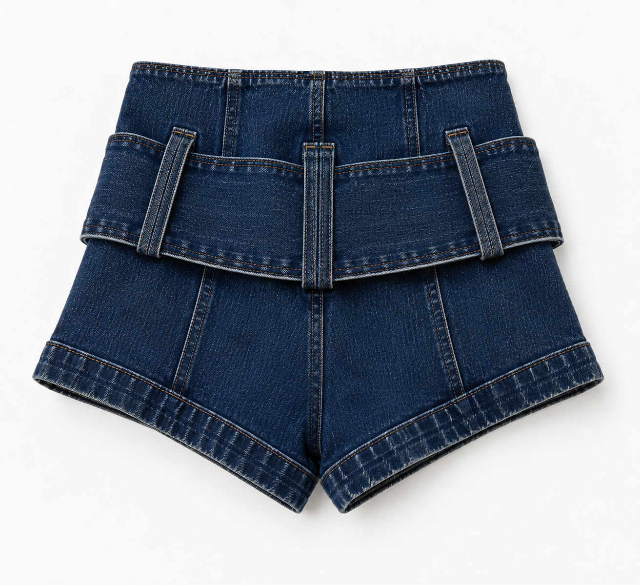 Denim shorts with wide belt overlay