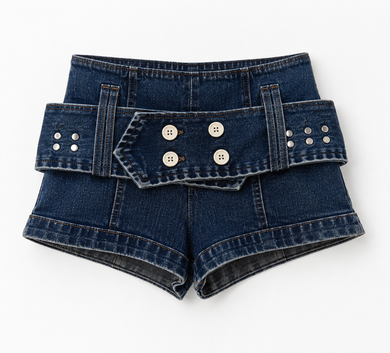 Denim shorts with wide belt overlay