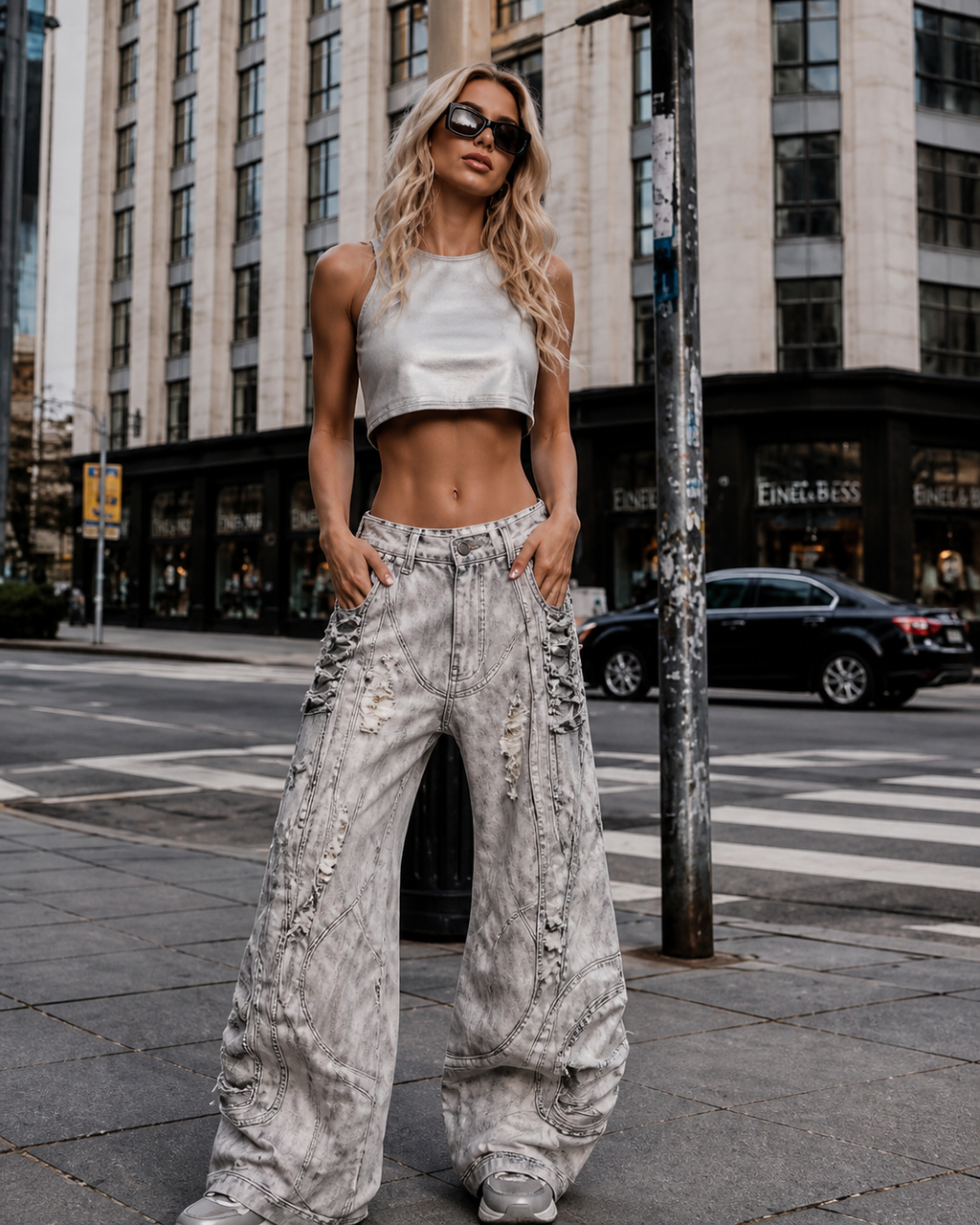 Henen Deconstruct Print Barrel Jeans In Grey