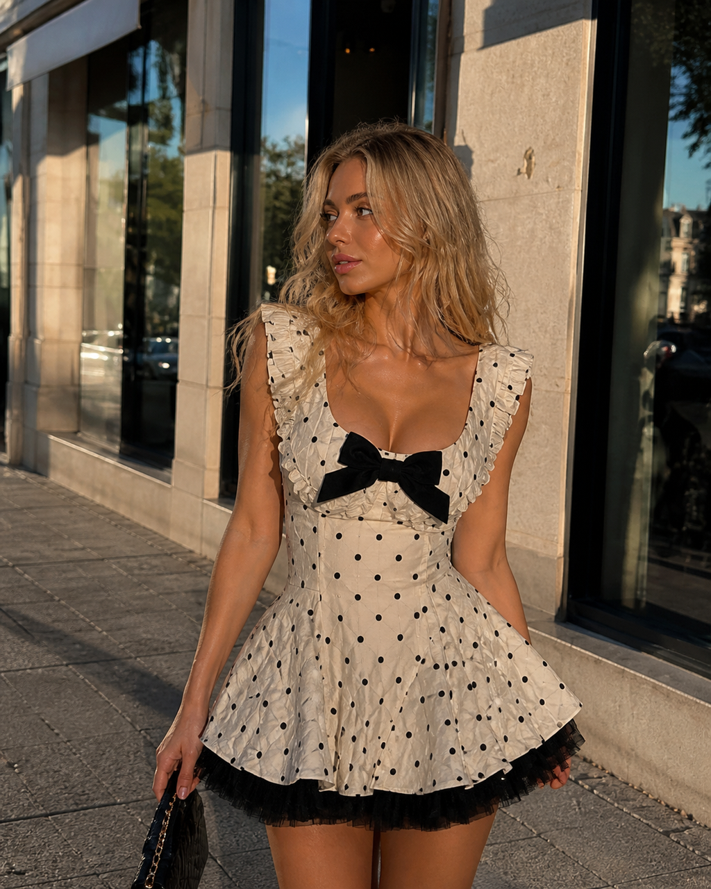 Abir Dot Lace Ruffle Mini Dress with Bow Detail
