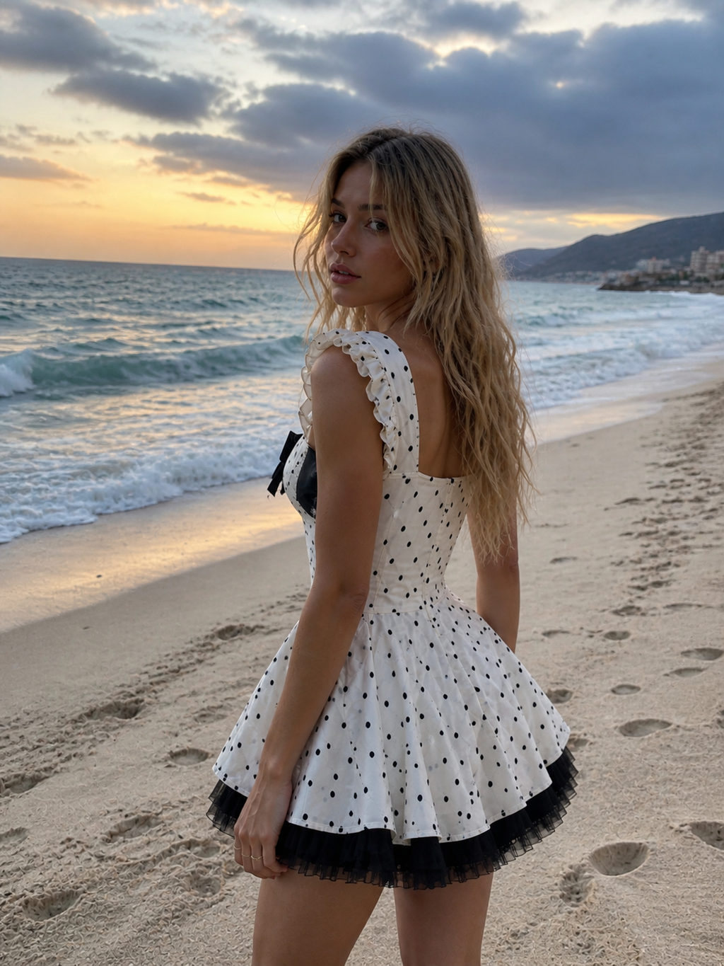 Abir Dot Lace Ruffle Mini Dress with Bow Detail