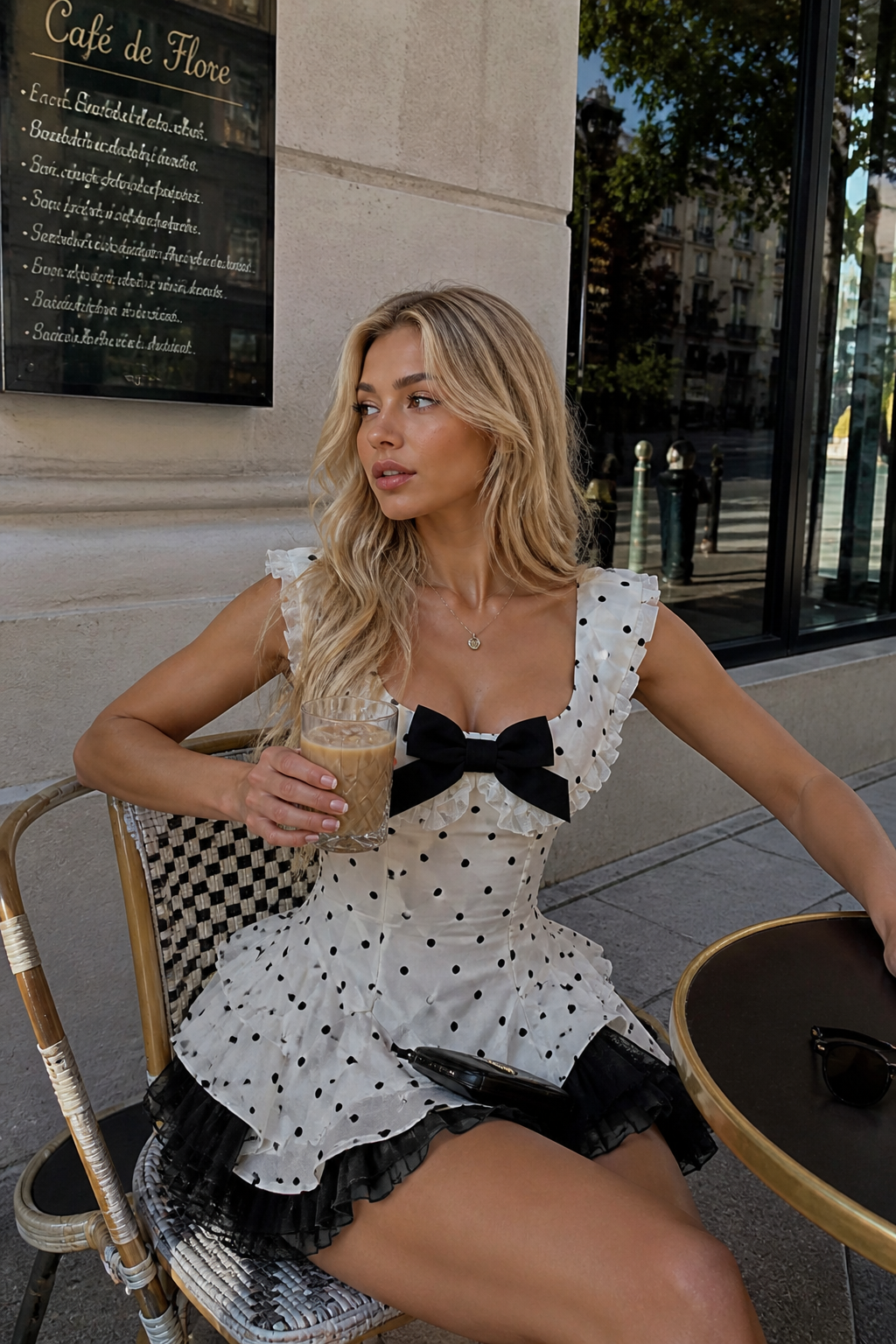 Abir Dot Lace Ruffle Mini Dress with Bow Detail