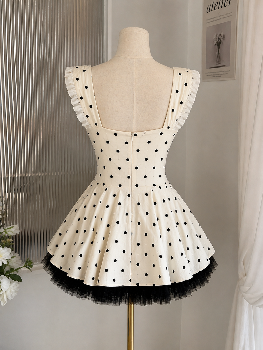 Abir Dot Lace Ruffle Mini Dress with Bow Detail