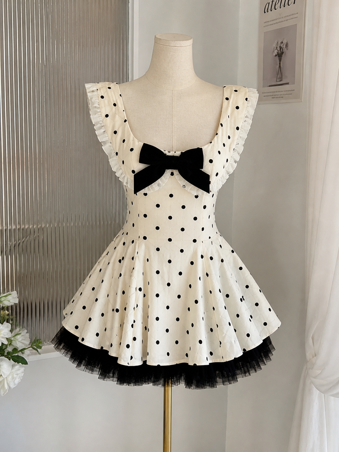 Abir Dot Lace Ruffle Mini Dress with Bow Detail