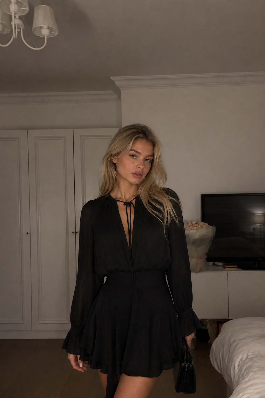 Neyrah Ruched Ruffle Mini Dress with Balloon Sleeves in Black