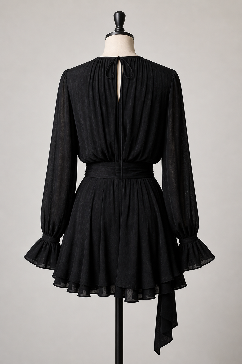 Neyrah Ruched Ruffle Mini Dress with Balloon Sleeves in Black