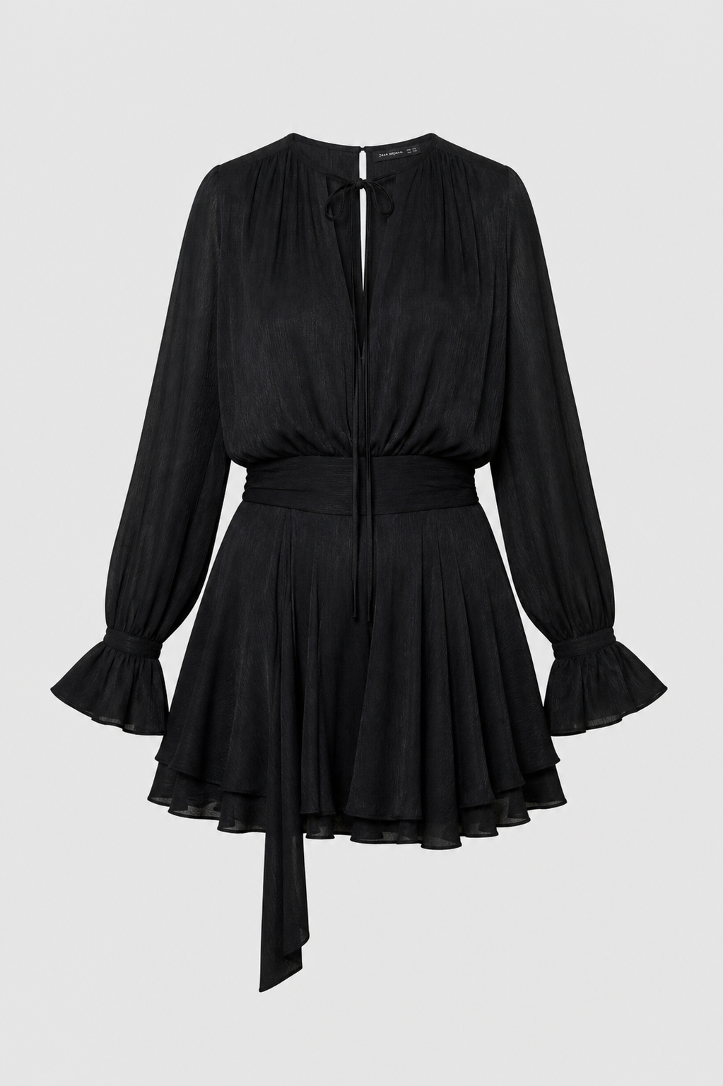 Neyrah Ruched Ruffle Mini Dress with Balloon Sleeves in Black