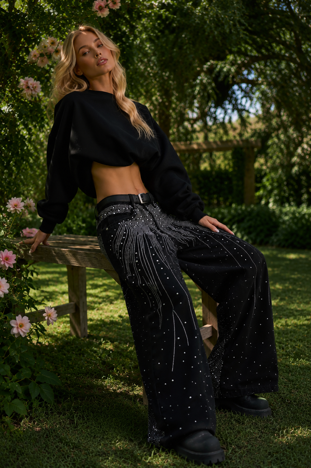 Amirah Embellished black wide leg jeans