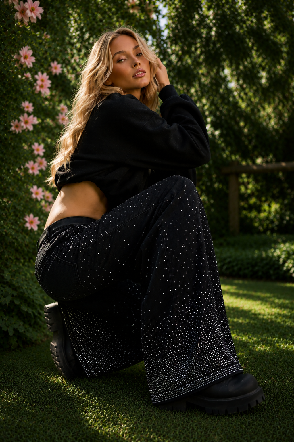 Amirah Embellished black wide leg jeans