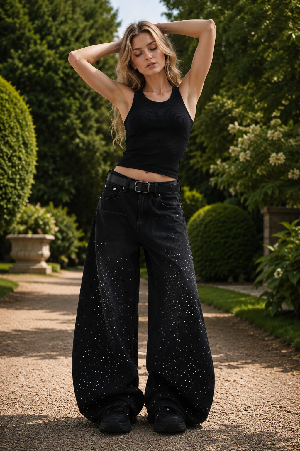 Rania Black wide-leg jeans with metallic studs