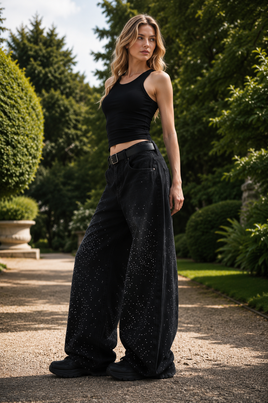 Rania Black wide-leg jeans with metallic studs