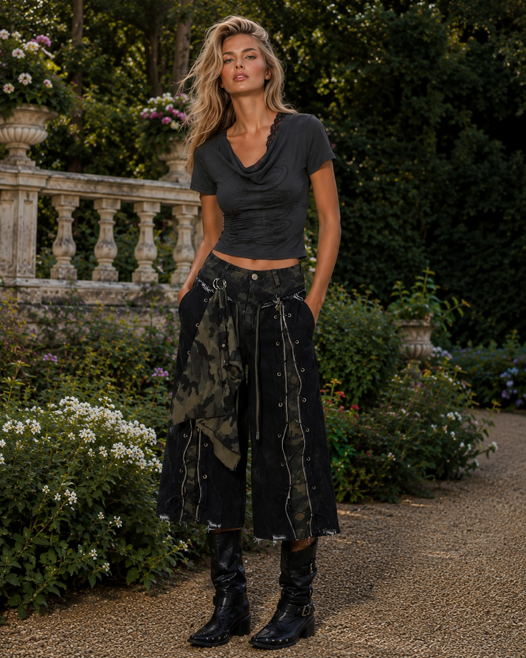 Kalthoum Black denim culottes with camo details