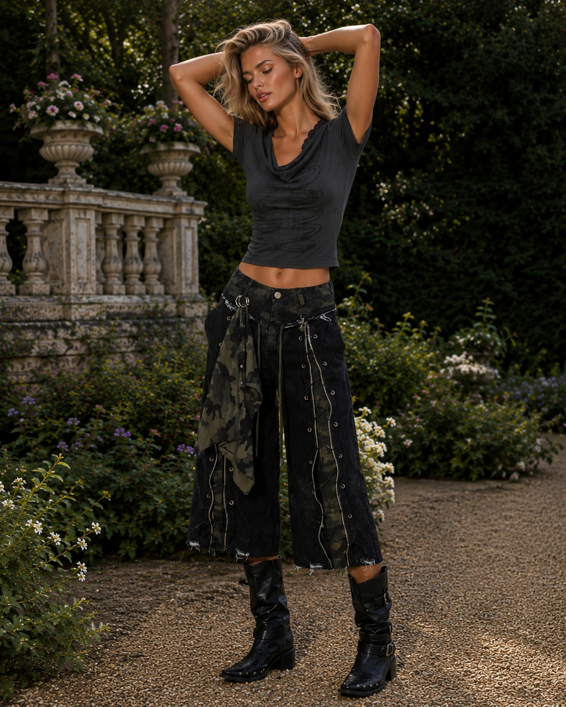 Kalthoum Black denim culottes with camo details
