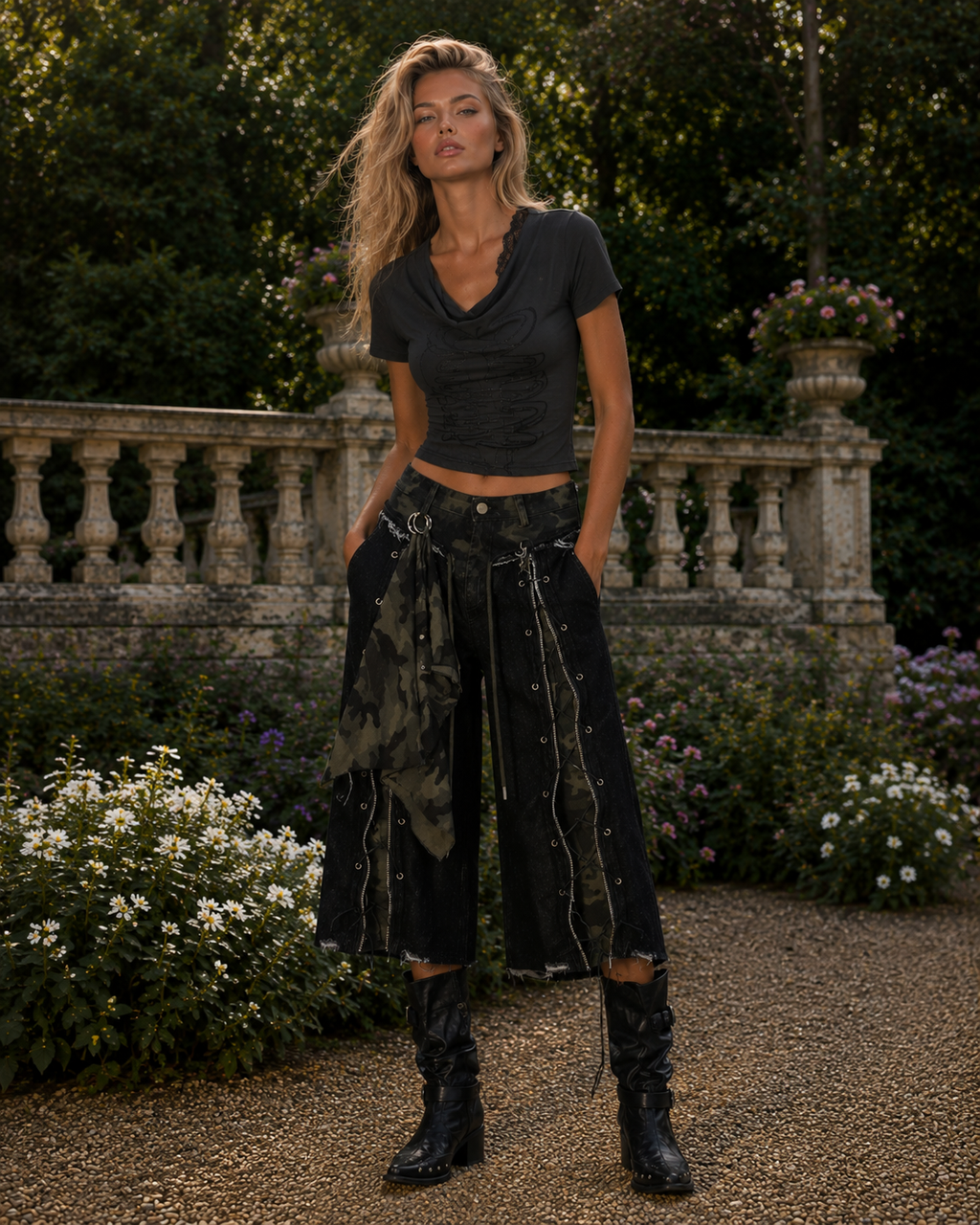 Kalthoum Black denim culottes with camo details