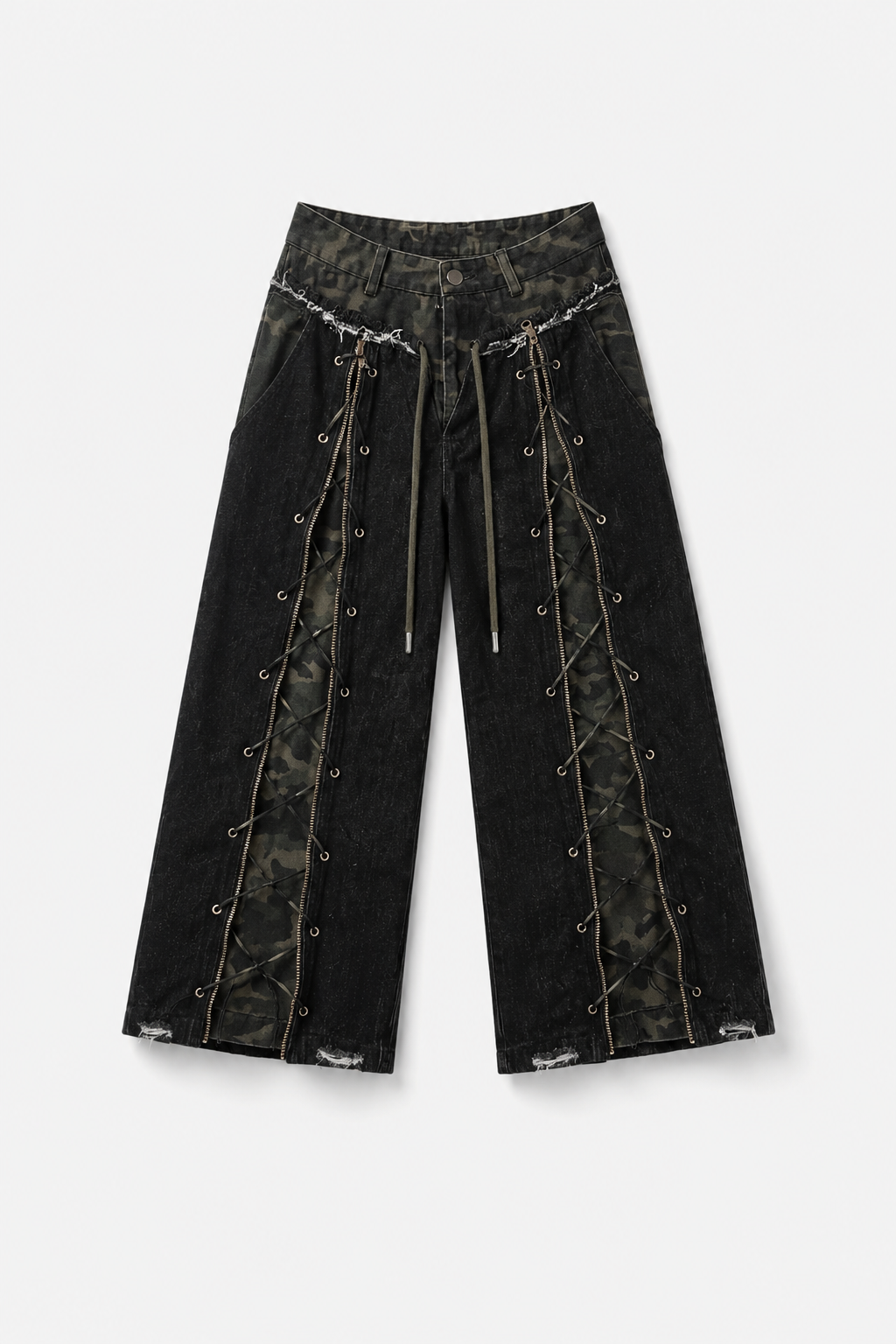 Kalthoum Black denim culottes with camo details