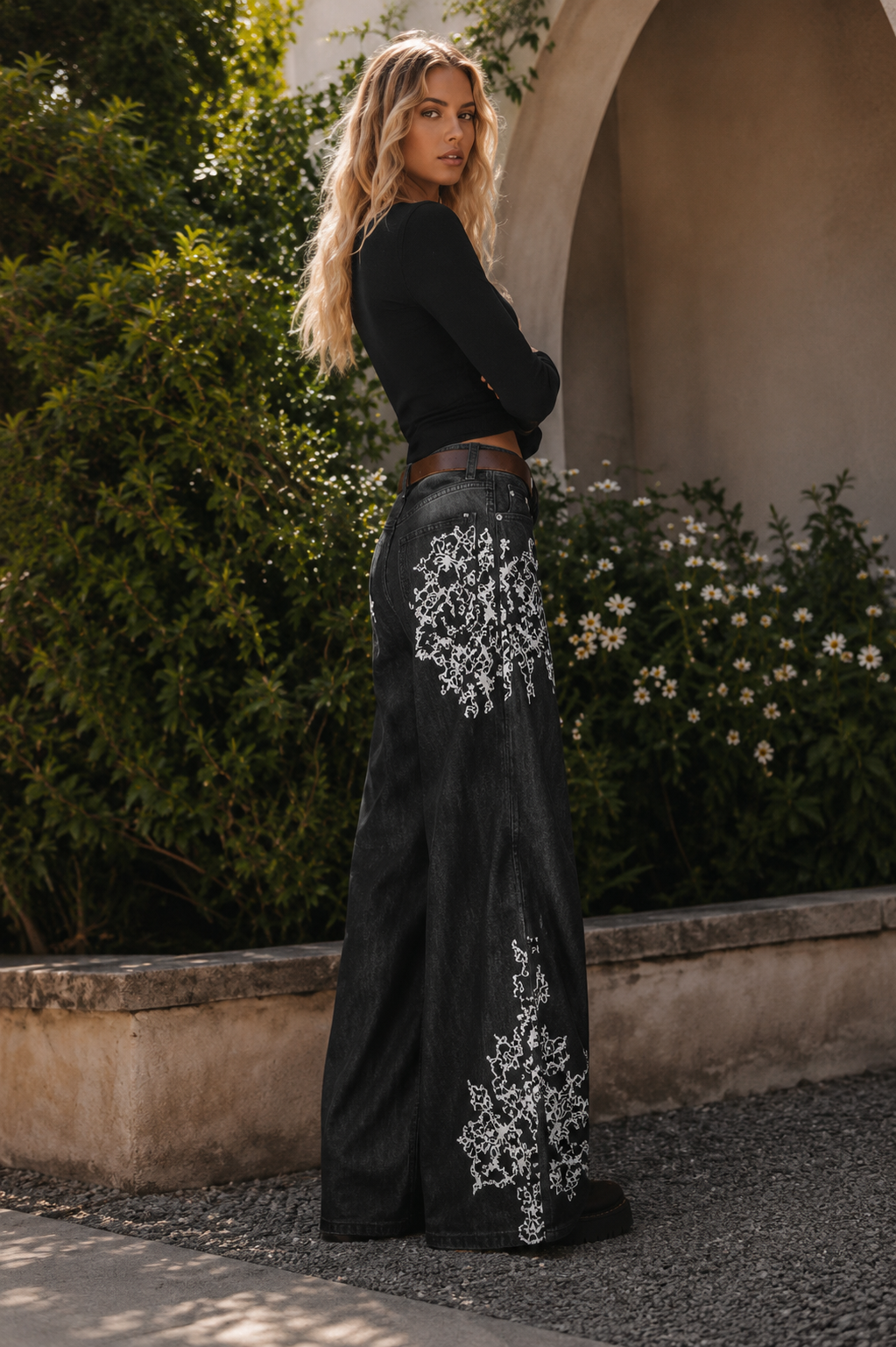 Molka Embroidered black wide-leg denim jeans