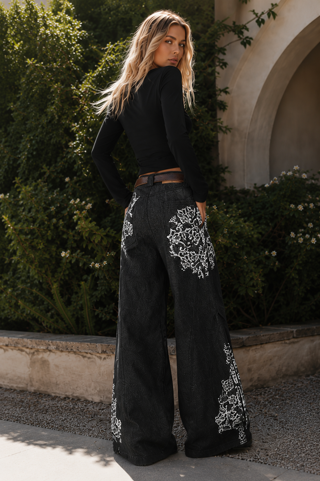 Molka Embroidered black wide-leg denim jeans