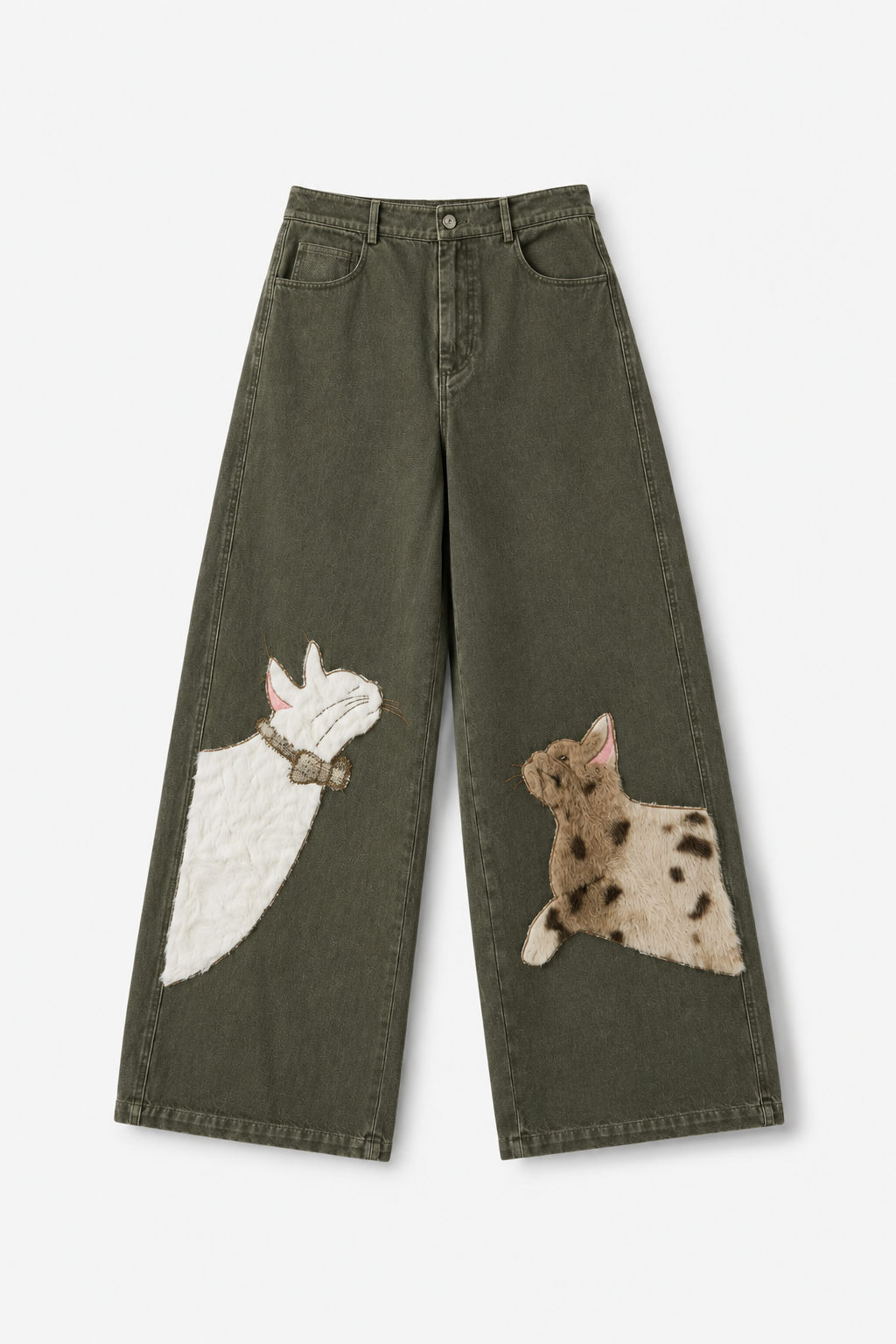Kira Olive denim pants with playful cat patches