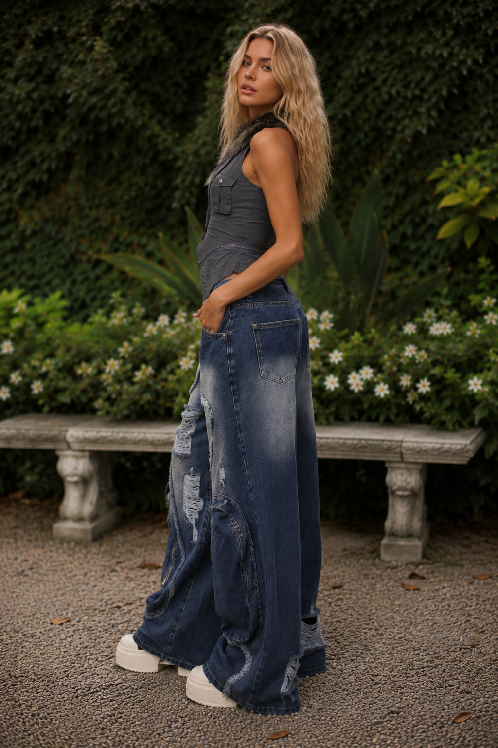 Suki Edgy distressed wide-leg denim jeans