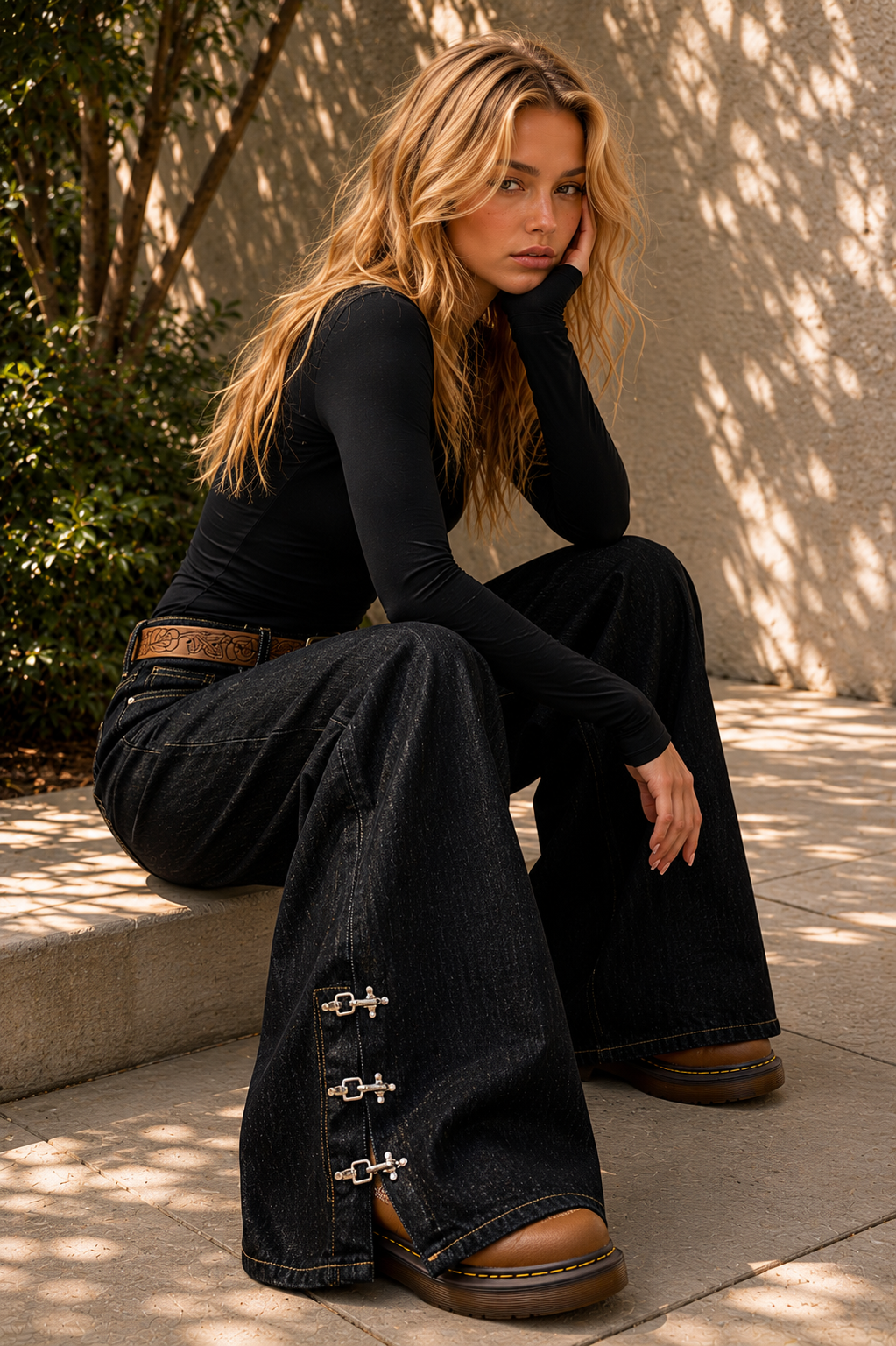 Valyria Wide-leg denim pants with toggle details