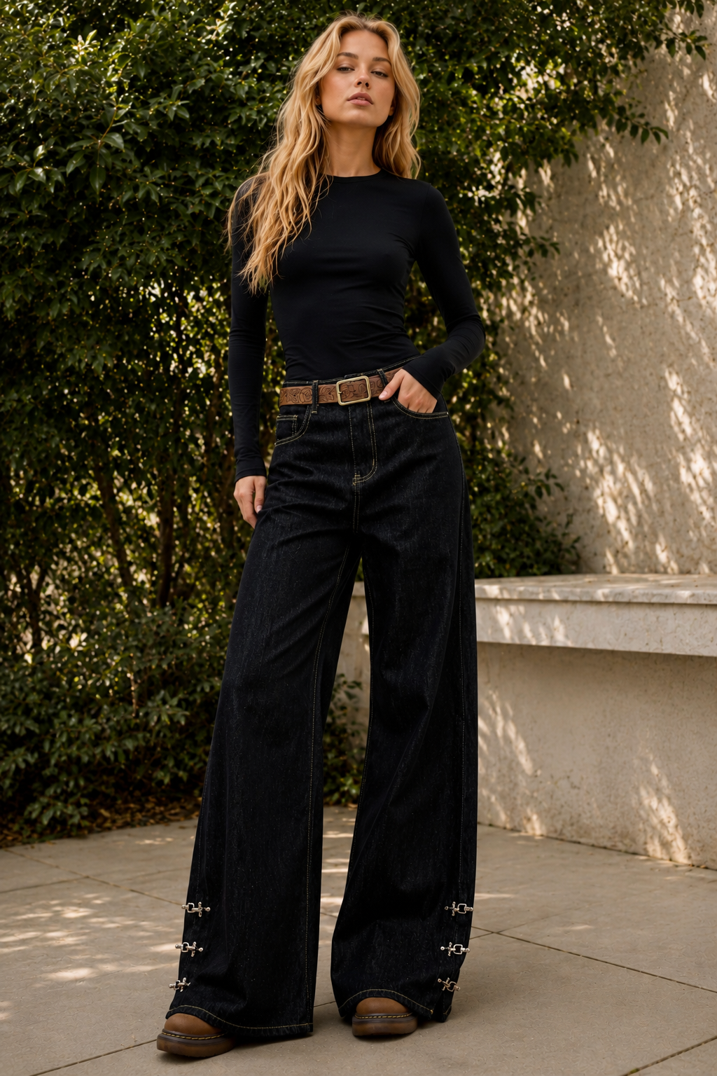 Valyria Wide-leg denim pants with toggle details