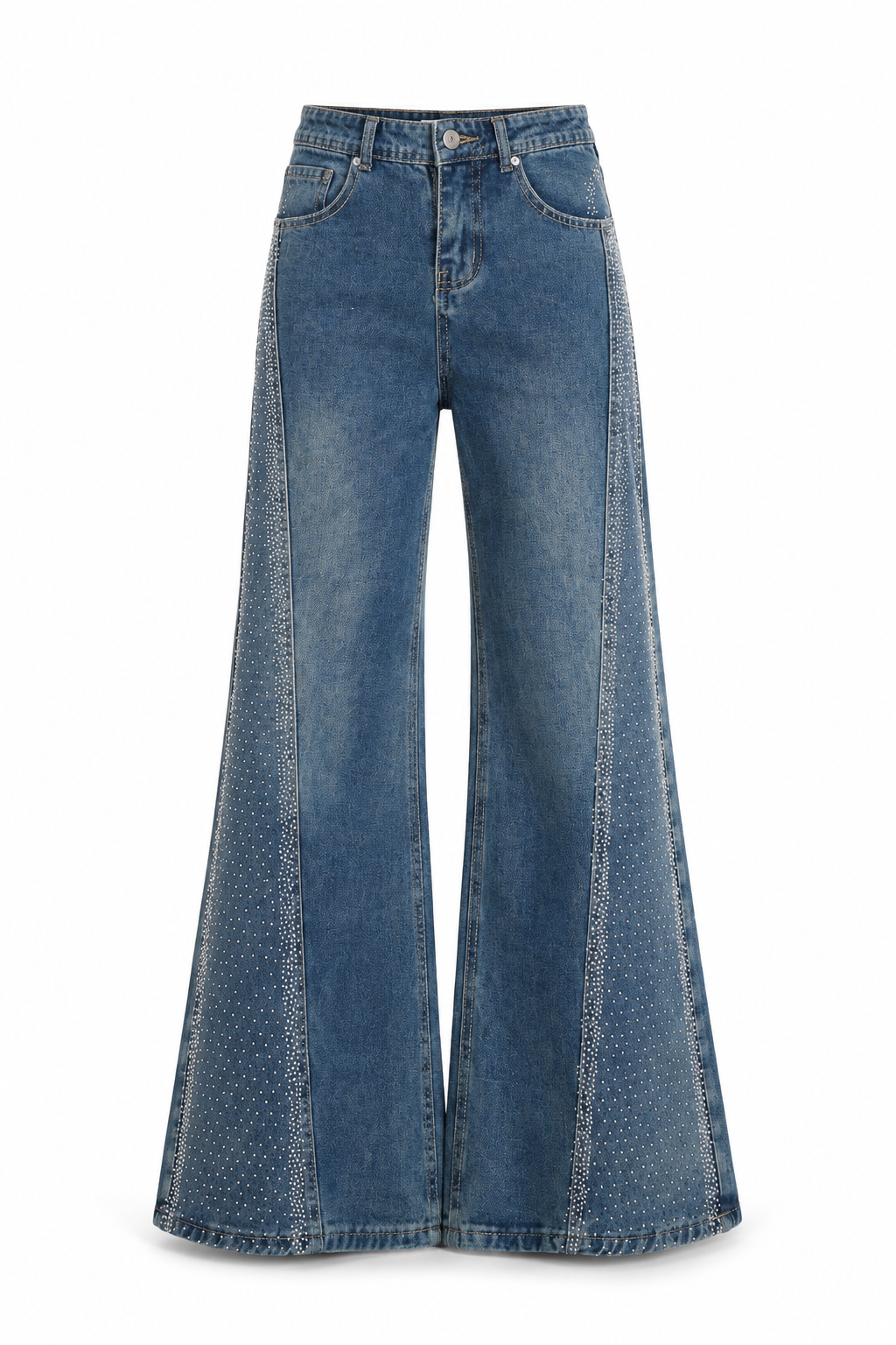 Amira Blue denim wide-leg jeans with rhinestones