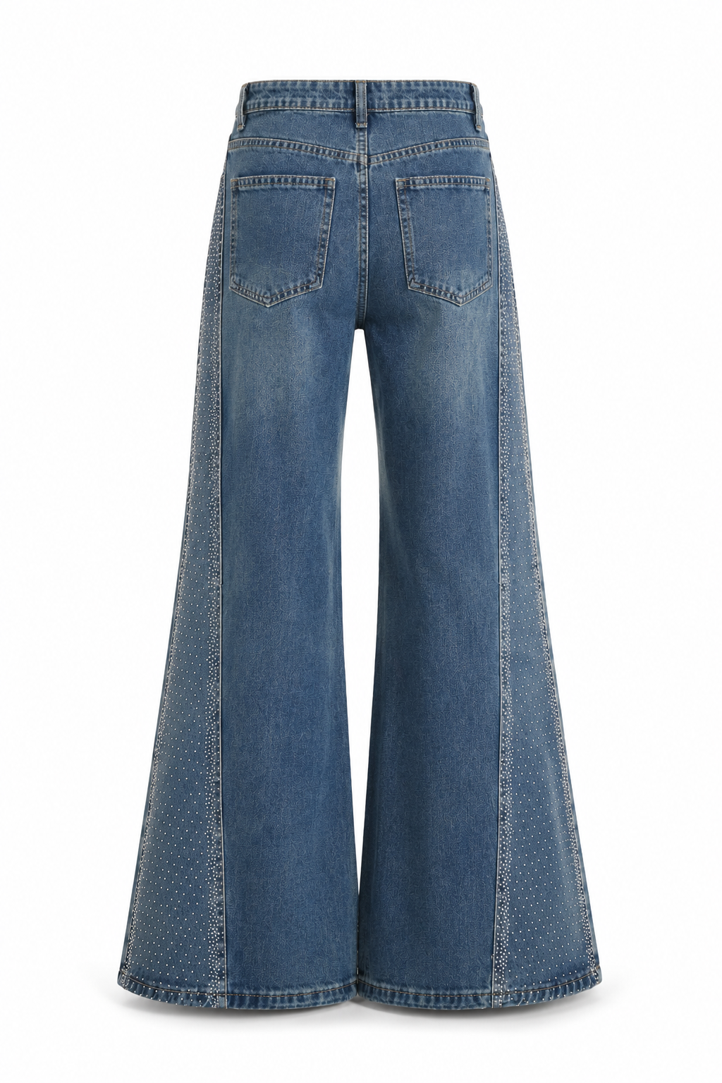 Amira Blue denim wide-leg jeans with rhinestones