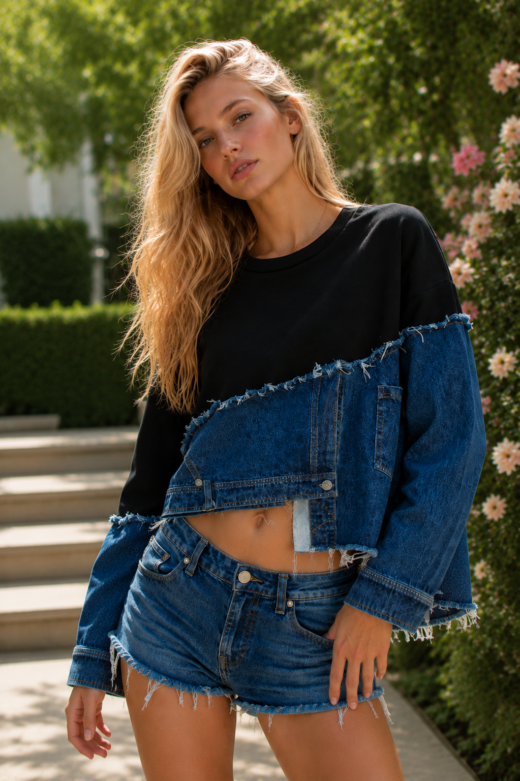 Samira Asymmetrical denim and sweatshirt hybrid top