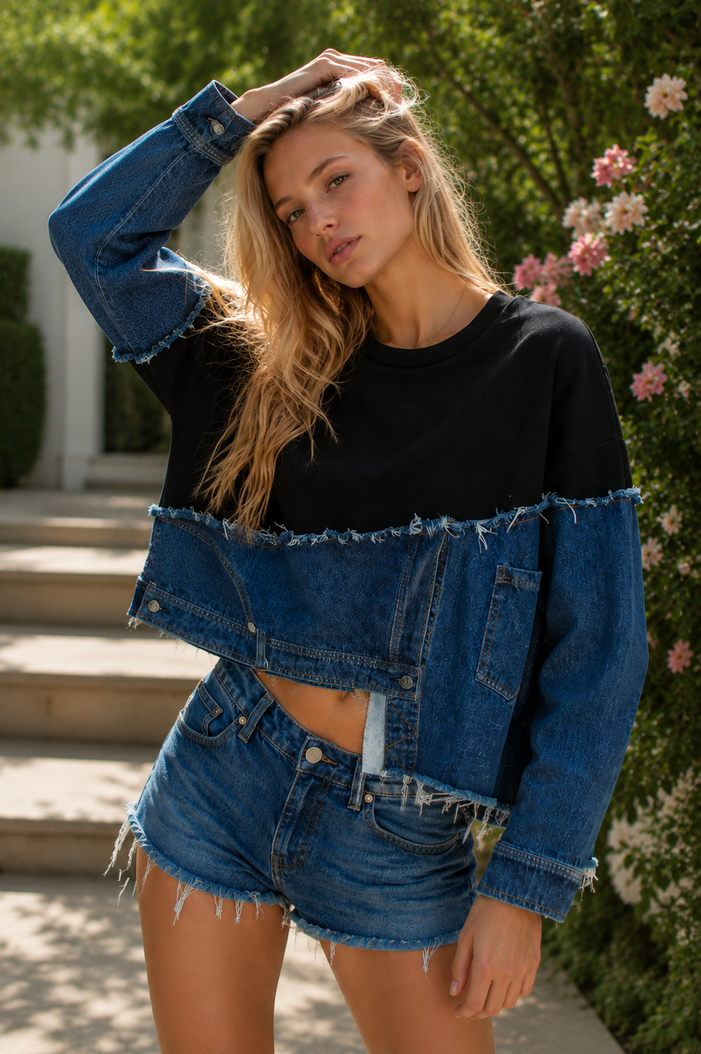 Samira Asymmetrical denim and sweatshirt hybrid top