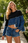 Samira Asymmetrical denim and sweatshirt hybrid top