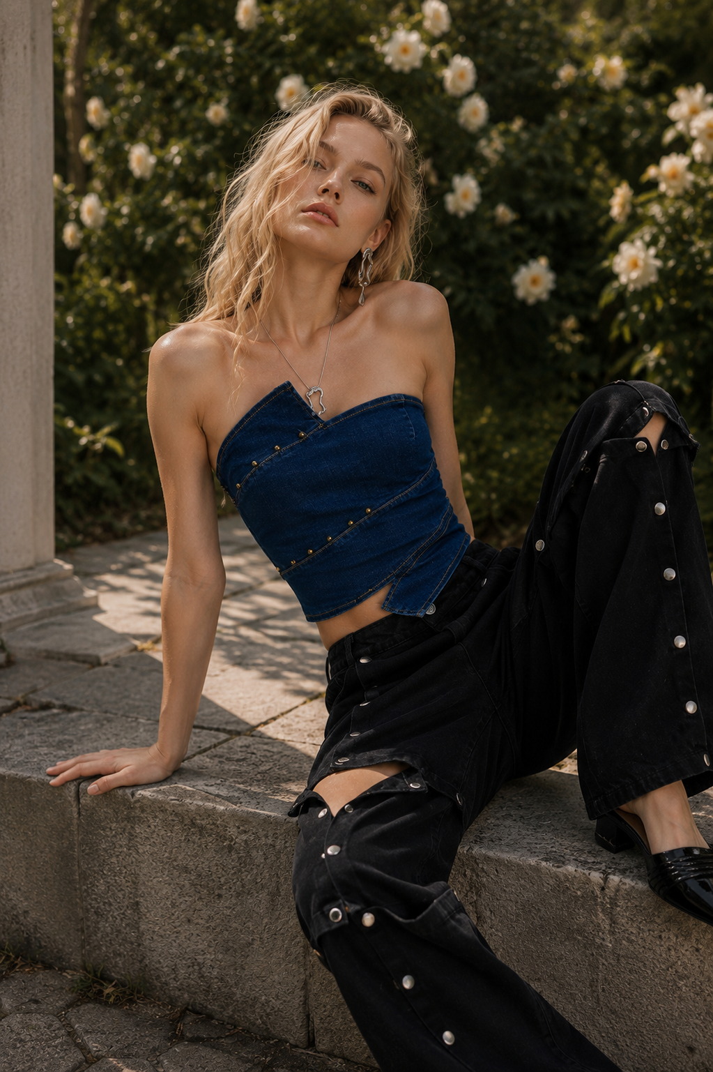 Dorra Off Shoulder denim corset top with studs